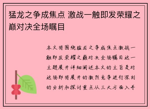 猛龙之争成焦点 激战一触即发荣耀之巅对决全场瞩目