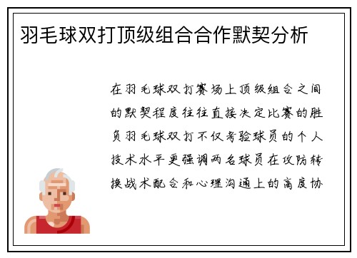 羽毛球双打顶级组合合作默契分析
