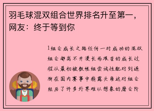 羽毛球混双组合世界排名升至第一，网友：终于等到你